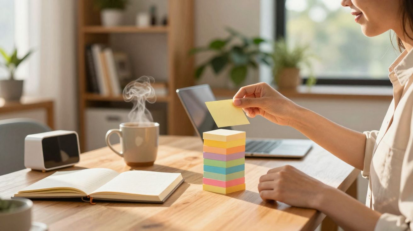 Pessoa escrevendo em bloco de notas adesivas coloridas em mesa com notebook, livro aberto e caneca fumegante.