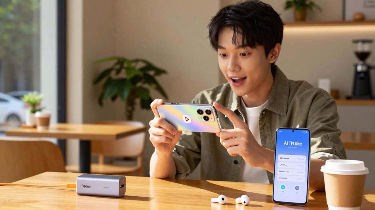Jovem sentado à mesa sorrindo enquanto usa um smartphone colorido em uma cafeteria moderna.
