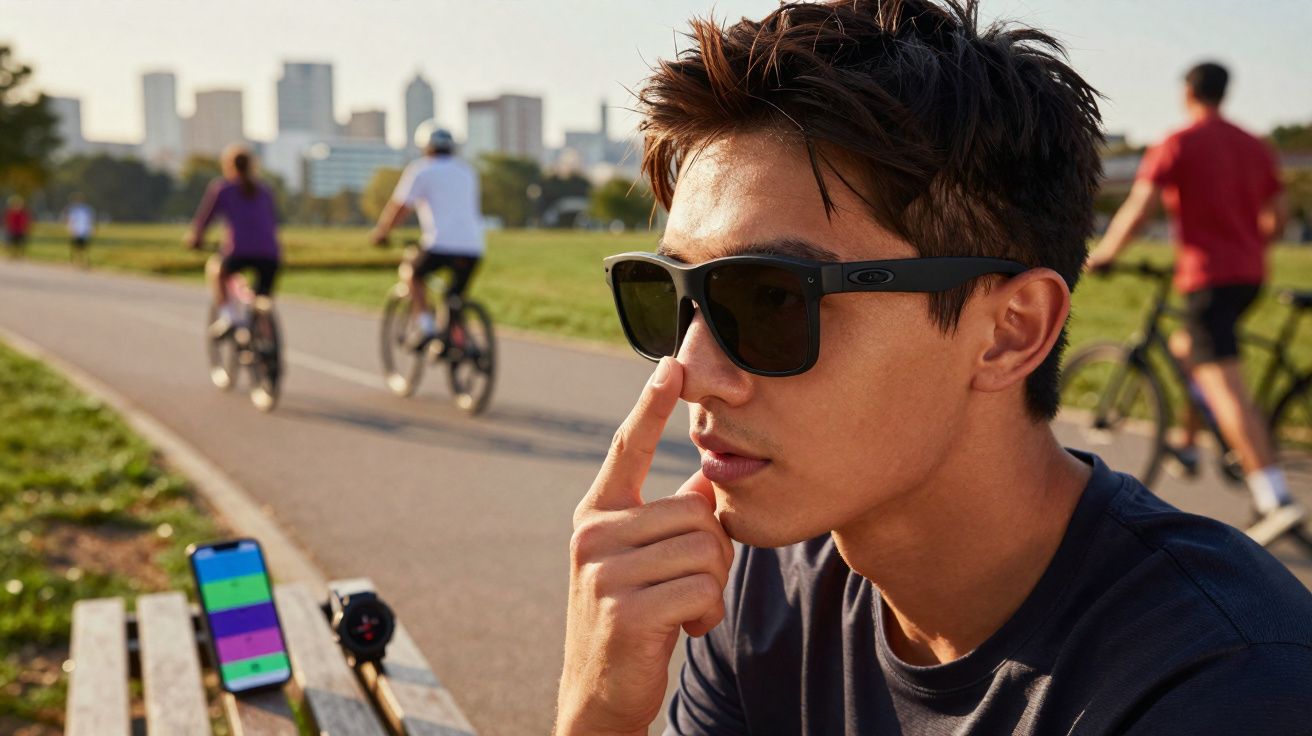 Jovem usando óculos escuros sentado em banco de parque com pessoas andando de bicicleta ao fundo.