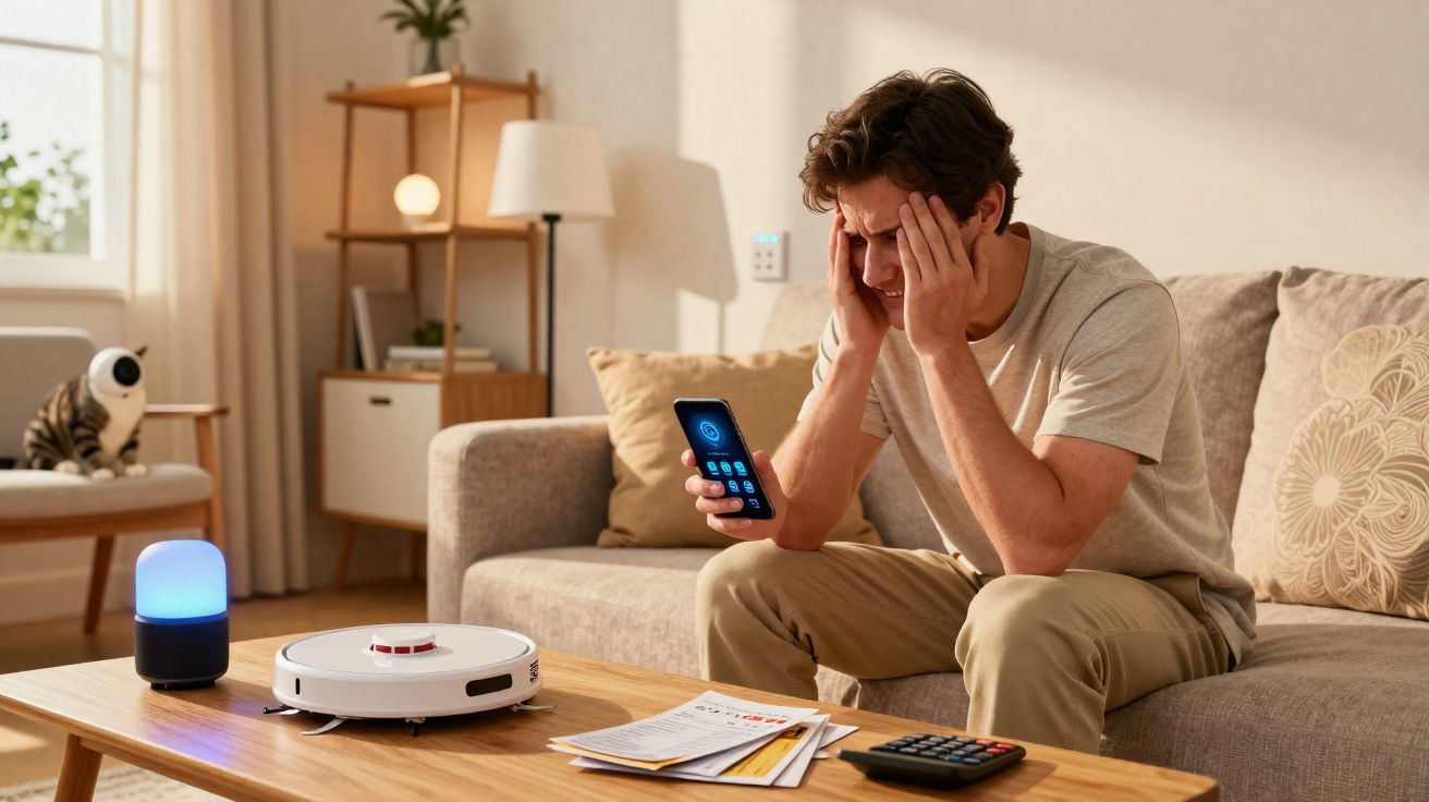 Homem sentado no sofá com expressão de estresse segurando celular em sala de estar moderna.