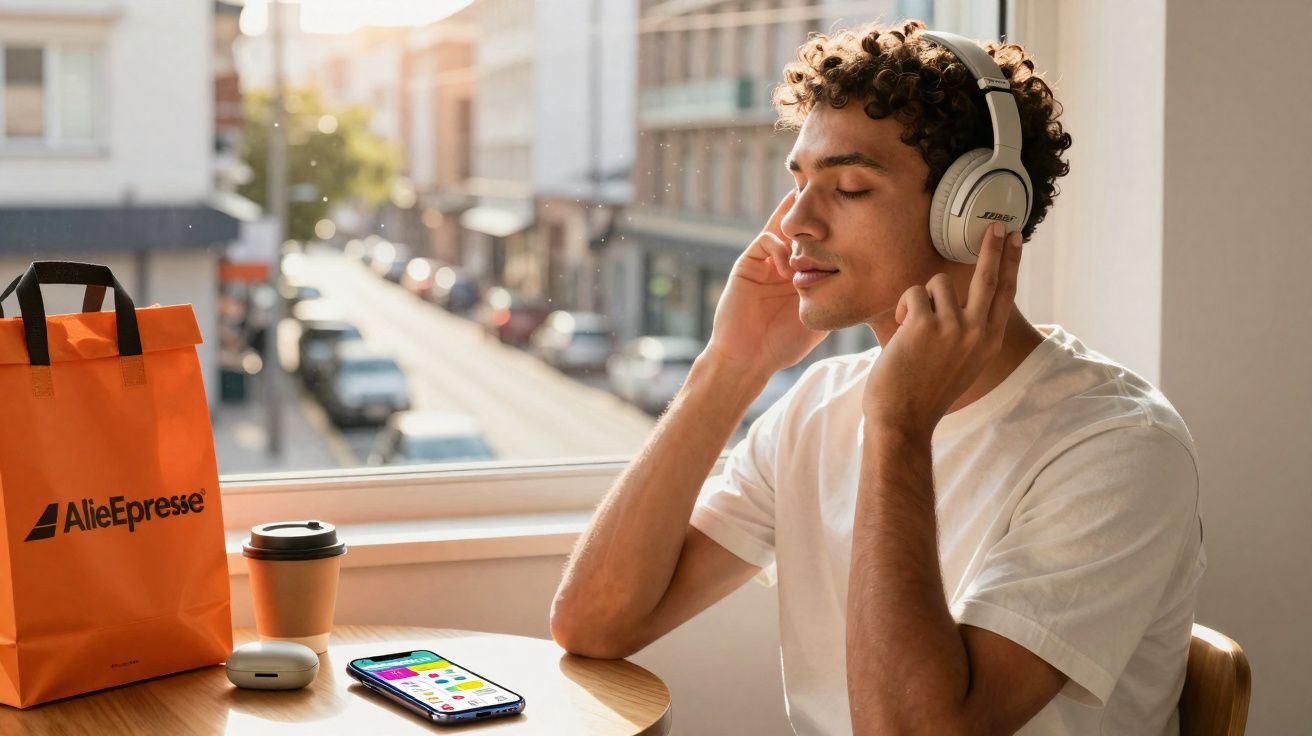 Jovem de camiseta branca ouvindo música com fones sem fio em ambiente iluminado ao lado de mesa com celular e café.