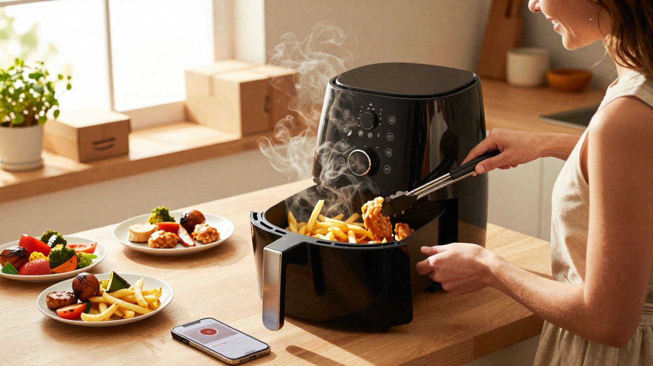 Mulher retirando batatas fritas e nuggets quentes de uma fritadeira elétrica sem óleo na cozinha.