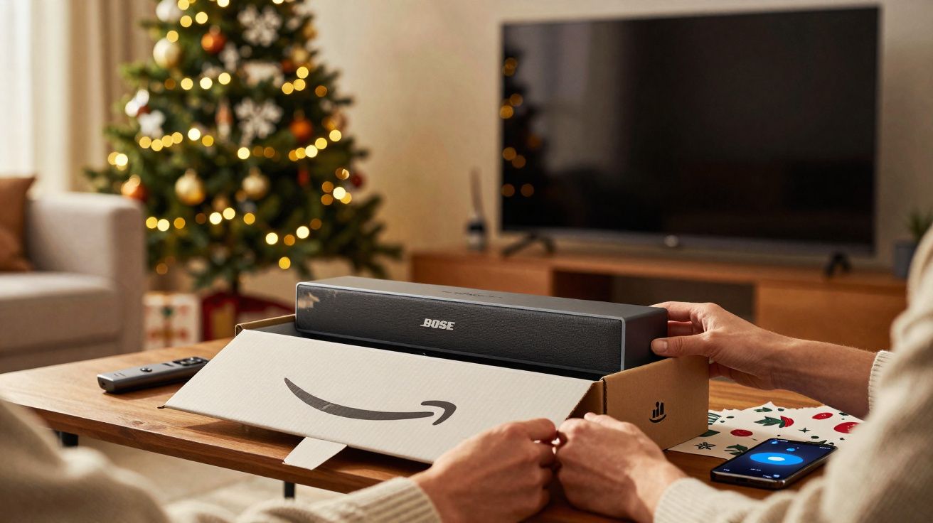 Pessoa desembrulhando caixa da Amazon com caixa de som Bose em mesa próxima à árvore de Natal decorada.