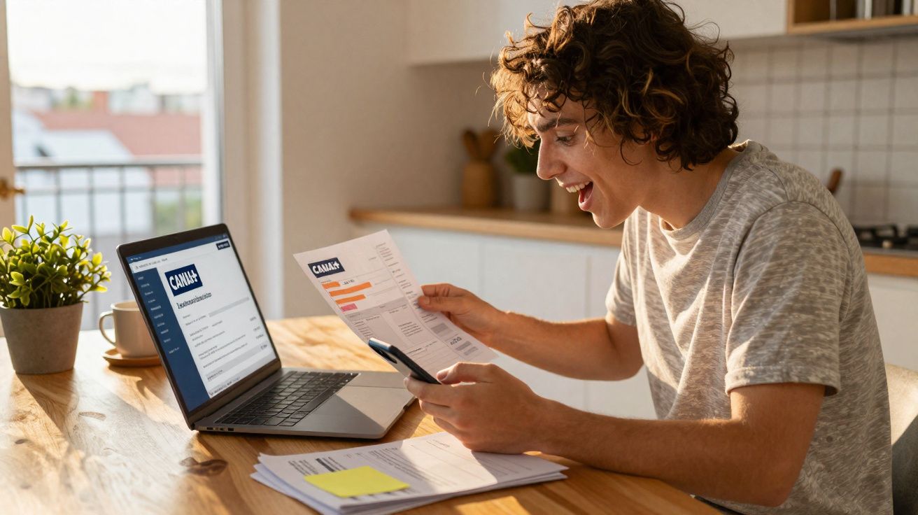 Jovem sentado à mesa confere fatura com celular e notebook em ambiente iluminado.