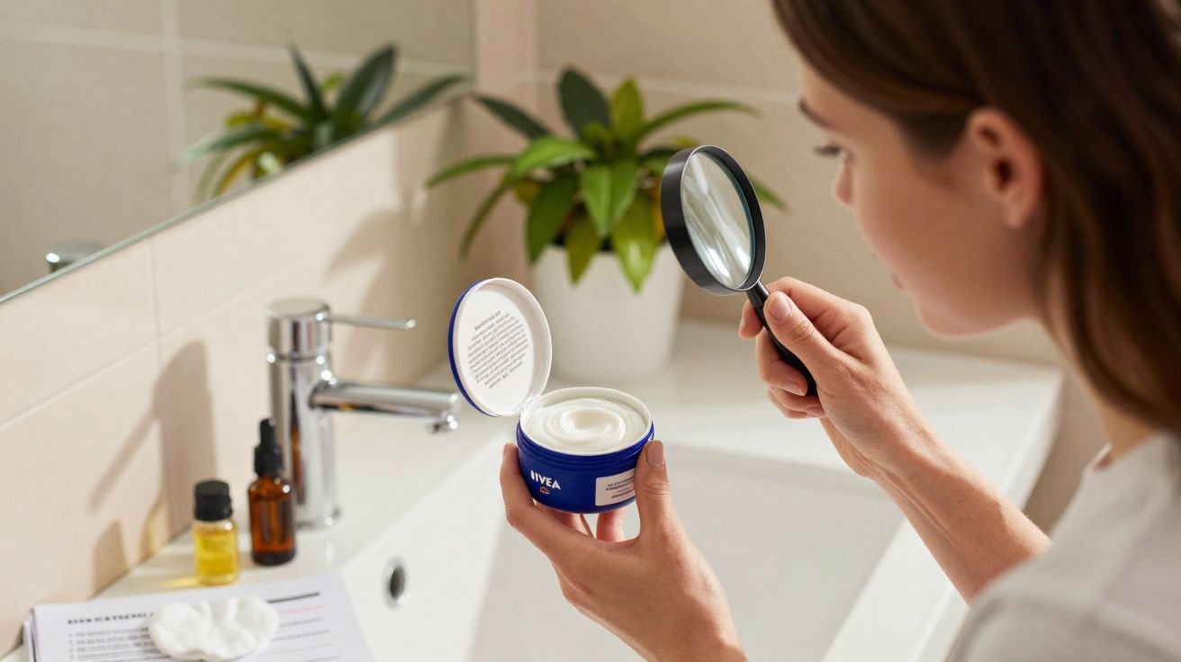 Mulher segurando pote aberto de creme Nivea e observando com lupa em banheiro.