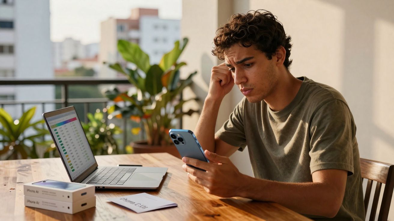 Jovem sentado à mesa com laptop aberto, olhando preocupado para celular em ambiente interno com plantas.
