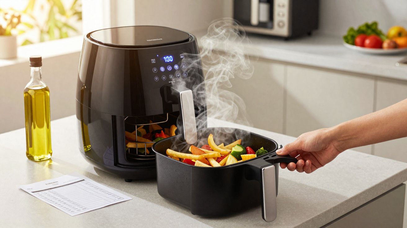 Mão retirando cesta com batatas fritas e legumes de airfryer preta com painel digital em cozinha clara.