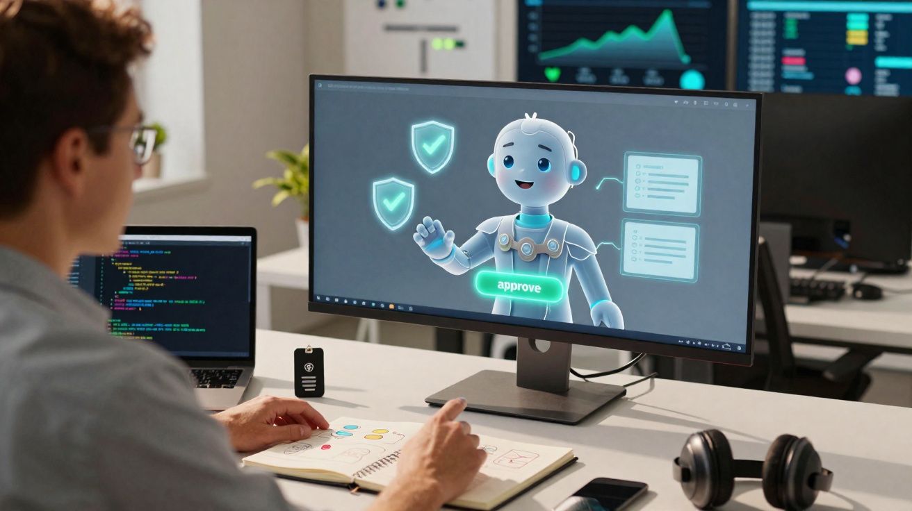 Pessoa trabalhando em computador, lendo informações de robô digital em tela com gráficos ao fundo.