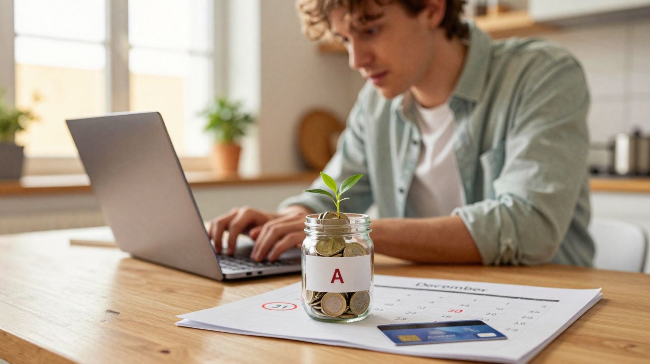 Homem jovem trabalhando no laptop com vidro de moedas e planta sobre calendário na mesa.