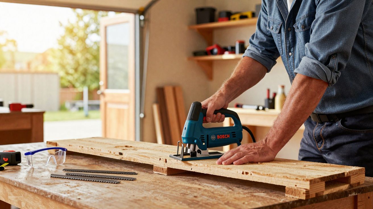 Pessoa usando serra tico-tico para cortar madeira em uma bancada de marcenaria.