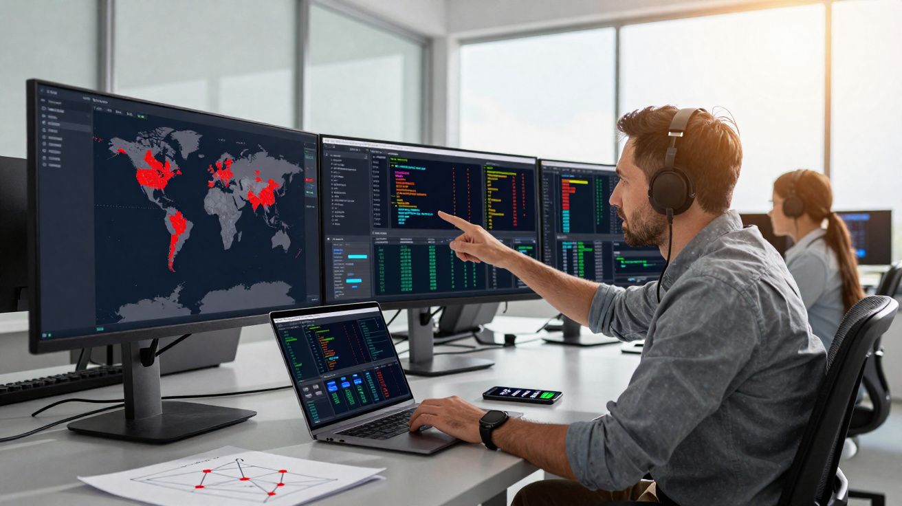 Homem com fones monitora mapas e dados em múltiplas telas em ambiente de trabalho moderno.