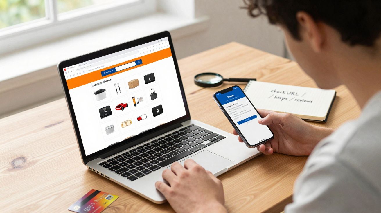 Pessoa usando laptop para compras online e celular para login em mesa de madeira com cartão e caderno.