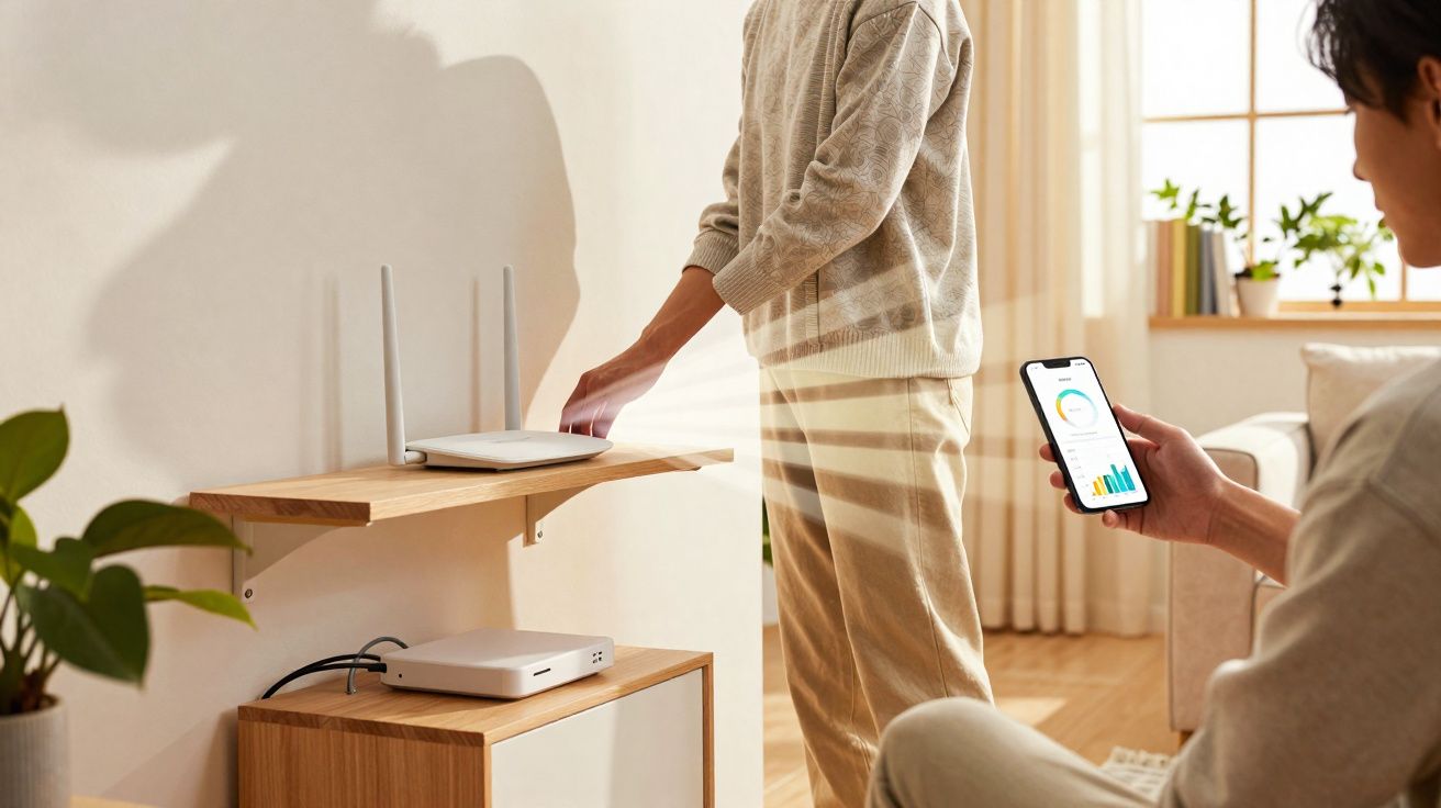 Duas pessoas em sala clara configurando roteador wifi e checando dados de internet em celular.