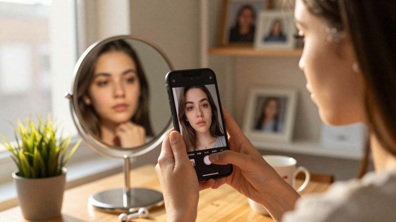 Mulher tirando selfie com celular em frente a espelho sobre mesa com planta e xícara.
