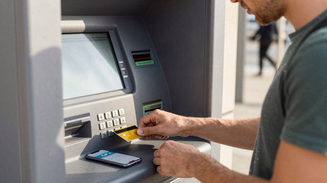 Homem usando cartão bancário e smartphone em caixa eletrônico em ambiente externo.
