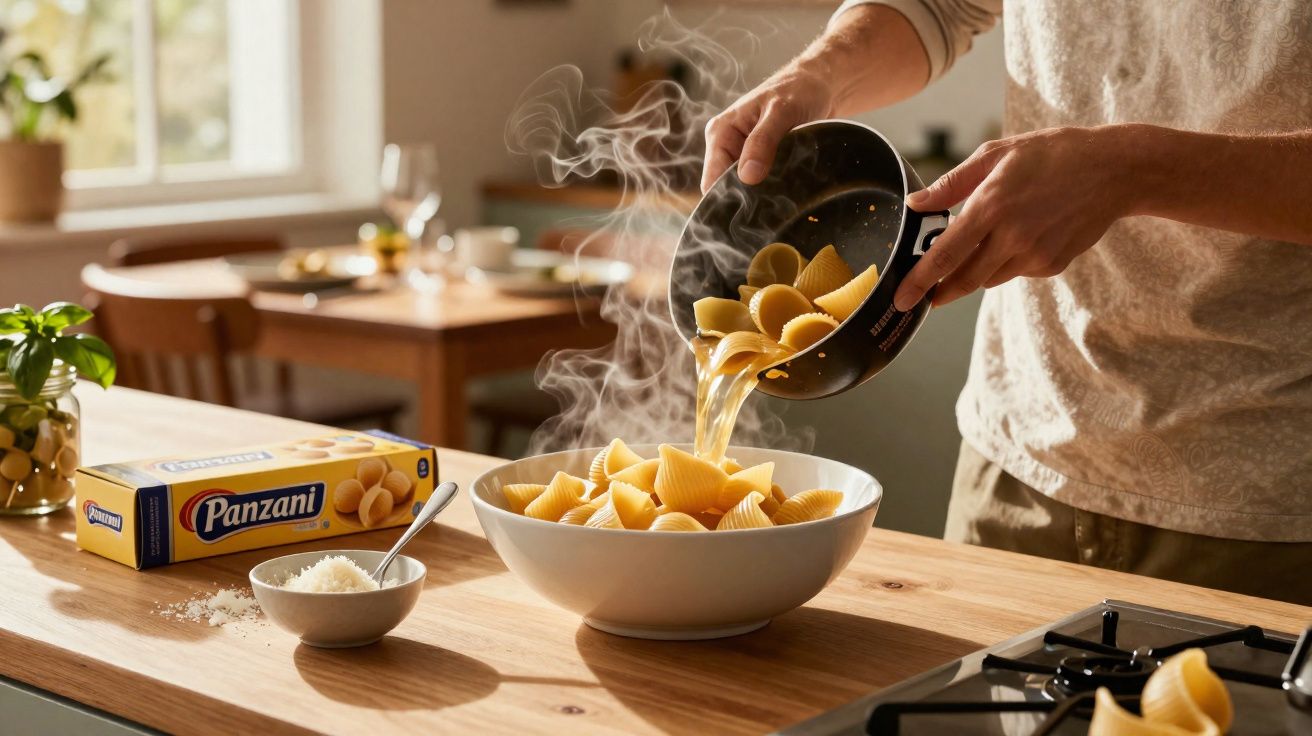 Pessoa servindo massa concha quente em tigela branca na cozinha iluminada pelo sol