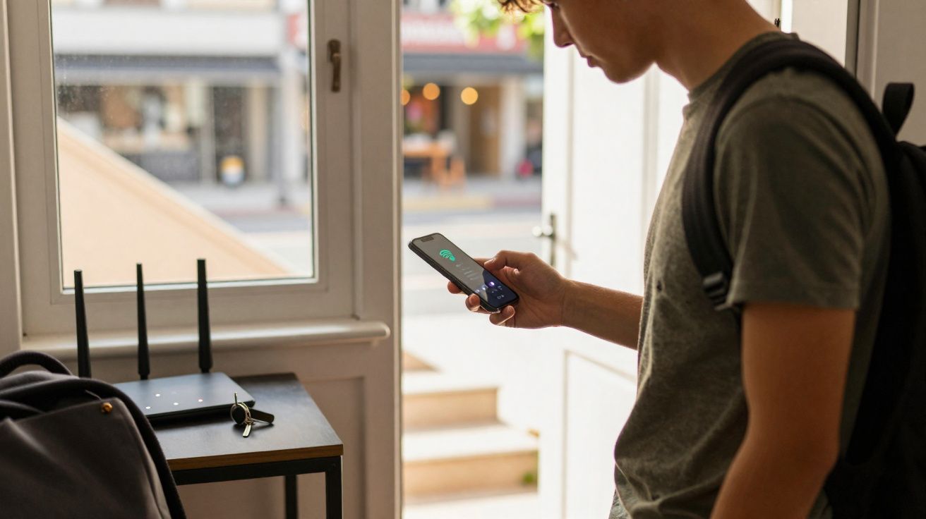 Jovem verifica sinal de Wi-Fi no celular próximo a um roteador em uma mesa perto da porta aberta.