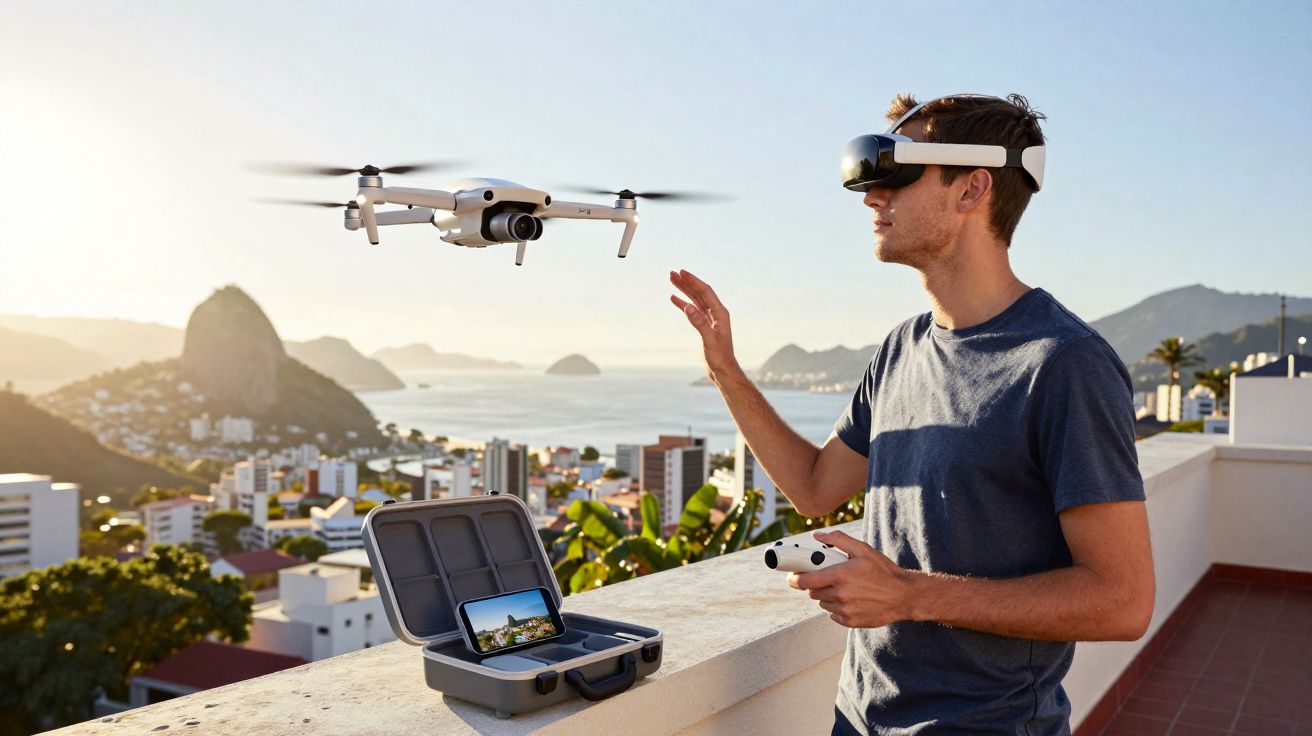 Homem usando óculos de realidade virtual controla drone com controle remoto em varanda com vista para cidade.