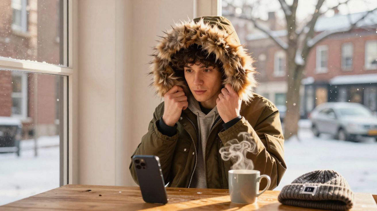 Jovem de casaco com capuz de pele ajusta capuz, sentado em mesa com celular, caneca quente e gorro em ambiente com neve.