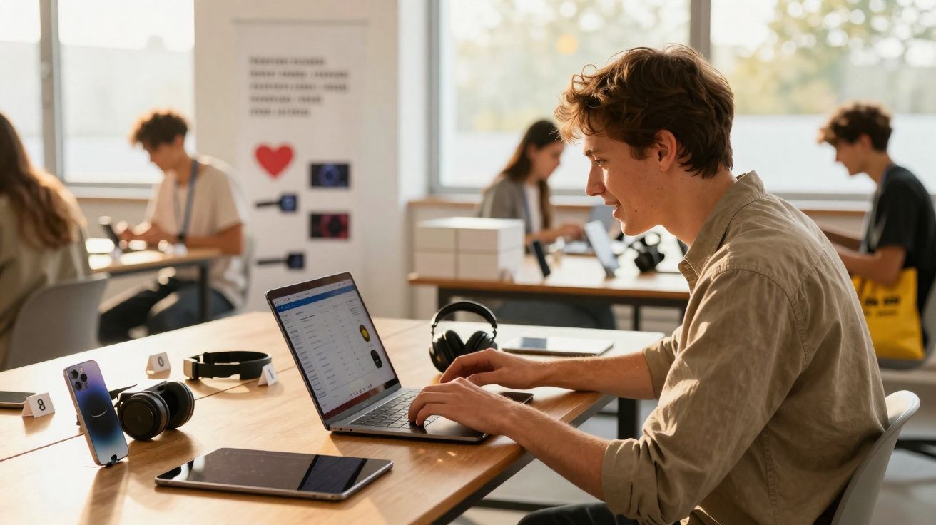Jovem usando laptop em mesa de coworking com fones de ouvido, celular e tablet ao redor.