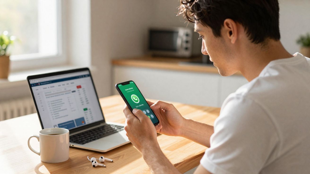 Homem sentado à mesa com laptop aberto e segurando smartphone com tela do WhatsApp aberta.