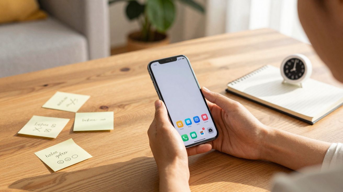 Pessoa segurando smartphone com tela inicial branca, próximo a mesa com post-its, caderno e relógio pequeno branco.