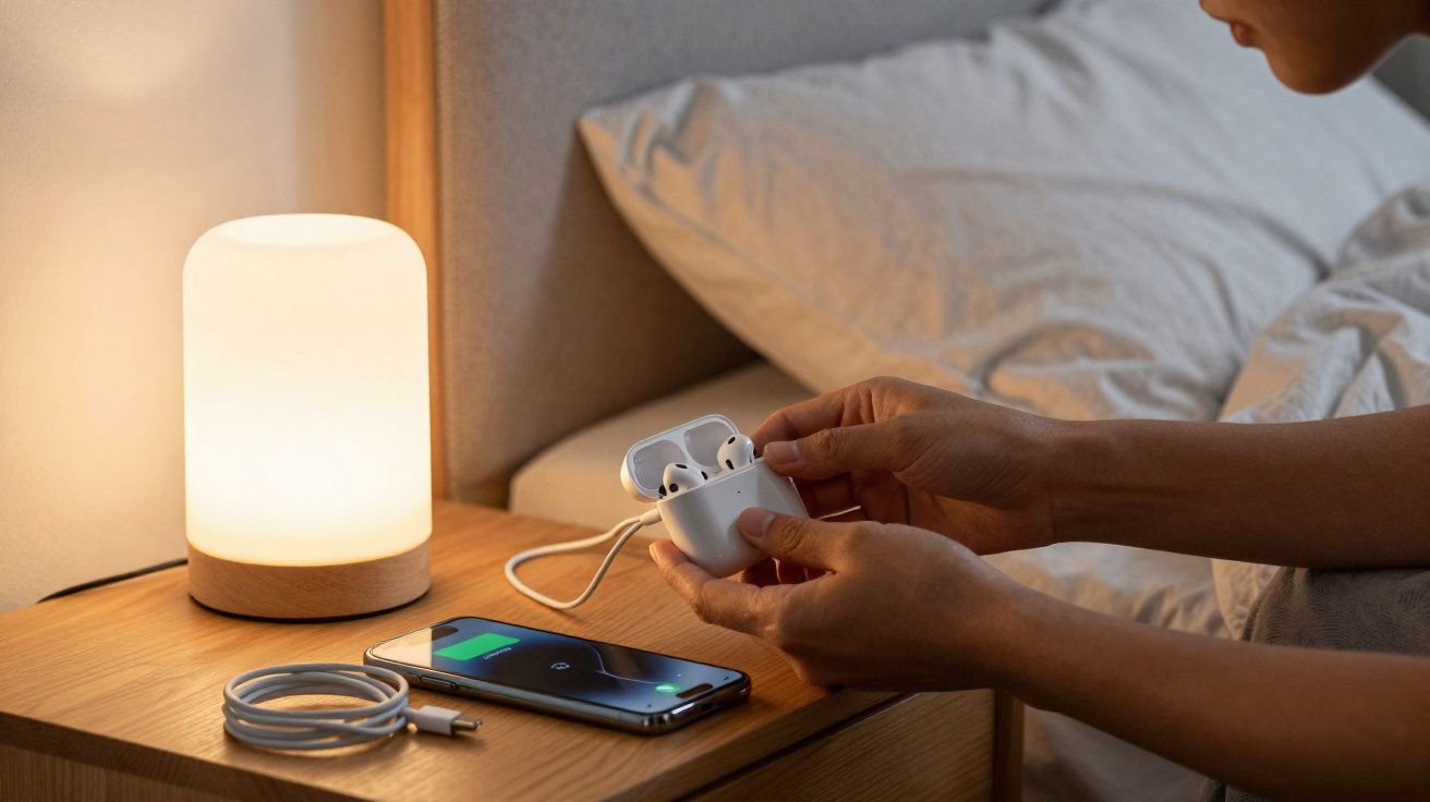 Pessoa segurando fones de ouvido sem fio em estojo, ao lado de celular carregando e luminária sobre mesa de cabeceira.