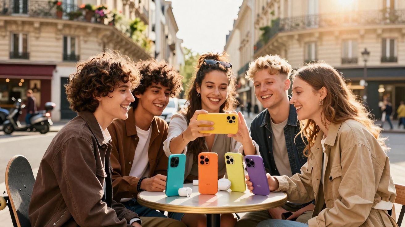 Jovens sorrindo e tirando selfie ao ar livre com quatro celulares coloridos sobre a mesa redonda.