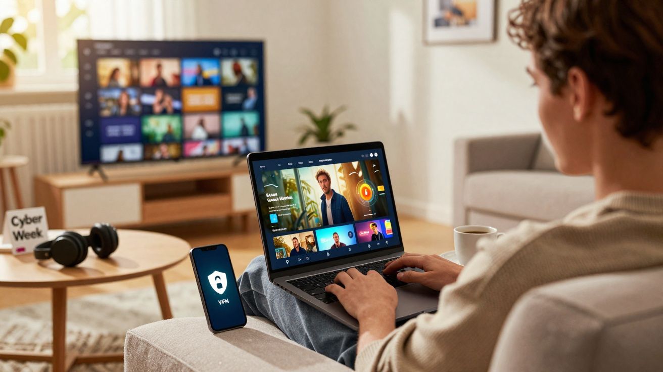 Pessoa sentada no sofá usando notebook para assistir conteúdo de streaming, smartphone com VPN ativa ao lado.