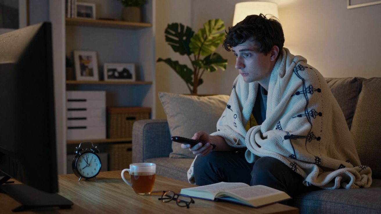 Jovem sentado no sofá à noite com cobertor, segurando controle remoto, assistindo TV, com livro e chá na mesa.