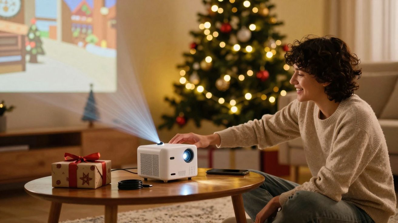 Pessoa sorrindo ajusta projetor em mesa com presente, em sala decorada com árvore de Natal iluminada.