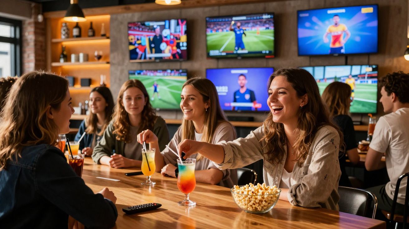 Grupo de amigos em bar assistindo futebol, com bebidas coloridas e pipoca sobre a mesa.