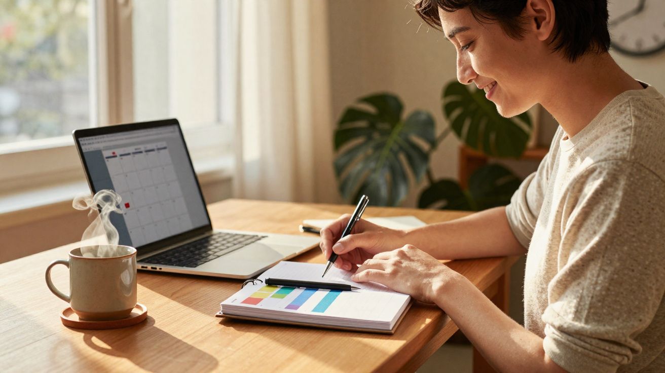 Pessoa sorridente anotando em caderno com gráfico colorido, ao lado de laptop e xícara fumegante em mesa de madeira.