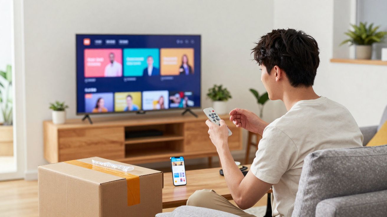 Jovem assistindo TV com controle remoto, celular em suporte e caixa de papelão na sala iluminada.