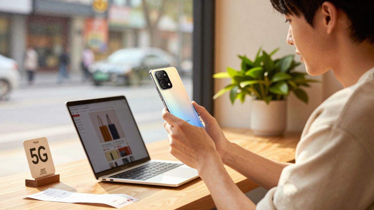 Pessoa usando smartphone 5G em mesa com laptop aberto e planta ao fundo, próxima a janela.