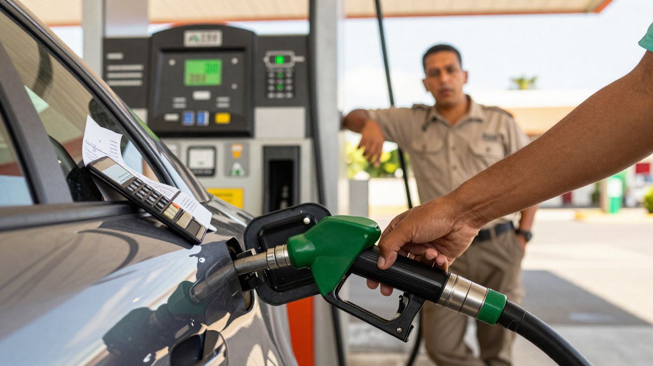 Pessoa abastecendo carro com bomba de combustível verde em posto de gasolina.