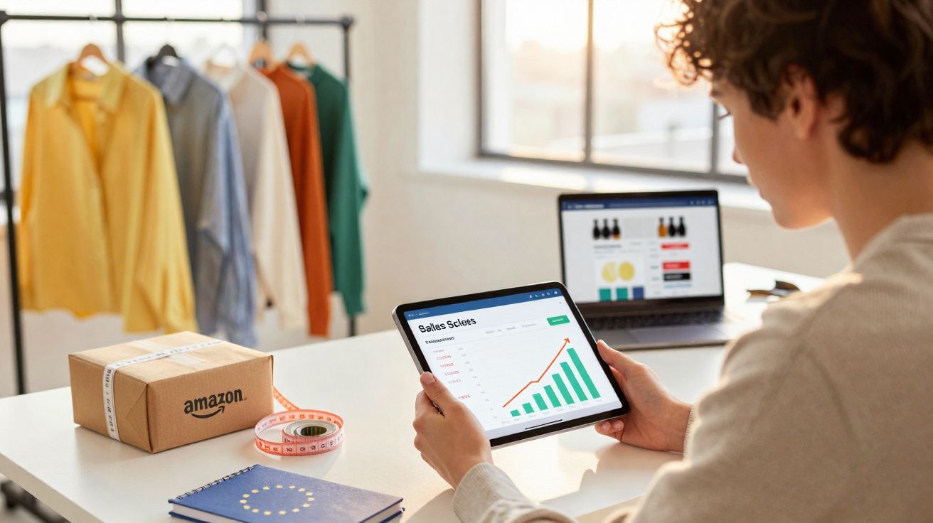 Pessoa analisando gráfico de vendas em tablet, com roupas penduradas e caixa da Amazon na mesa.