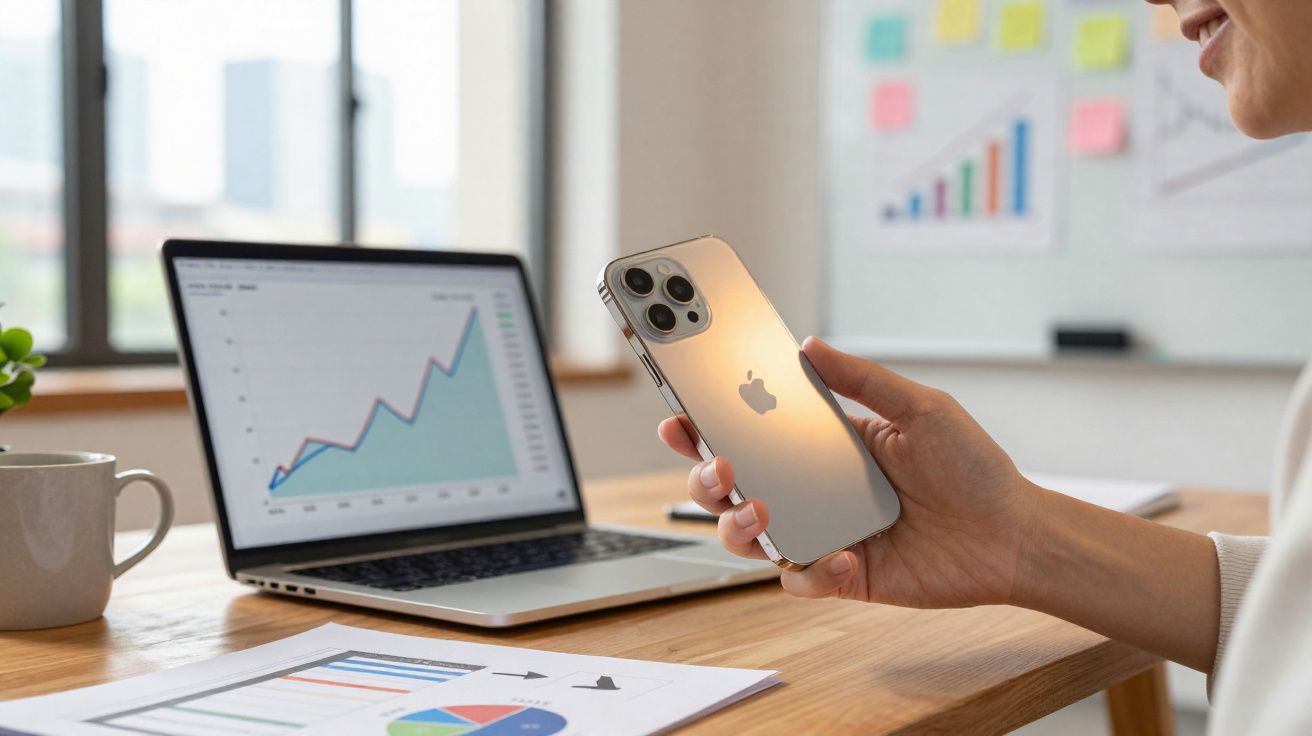 Pessoa segurando iPhone perto de laptop com gráfico de crescimento em mesa de trabalho.