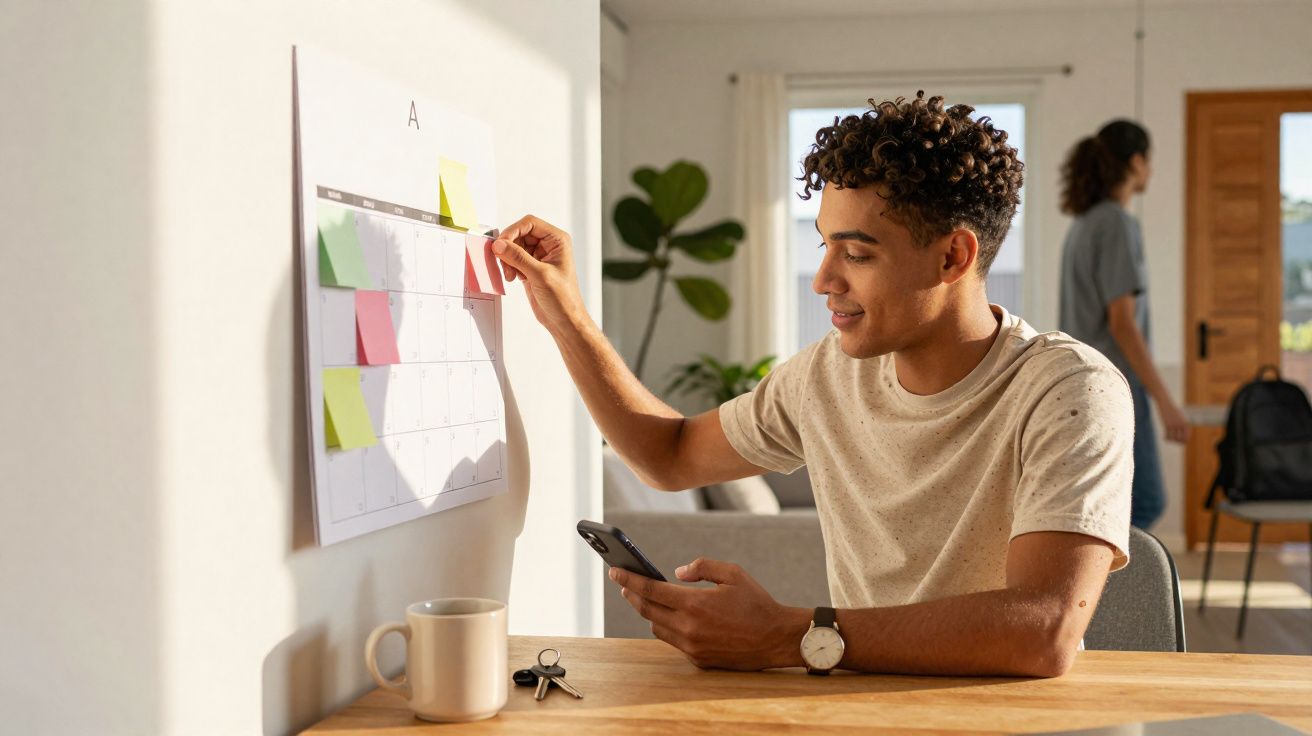 Jovem sentado em mesa olhando celular e colocando post-it colorido em calendário na parede.