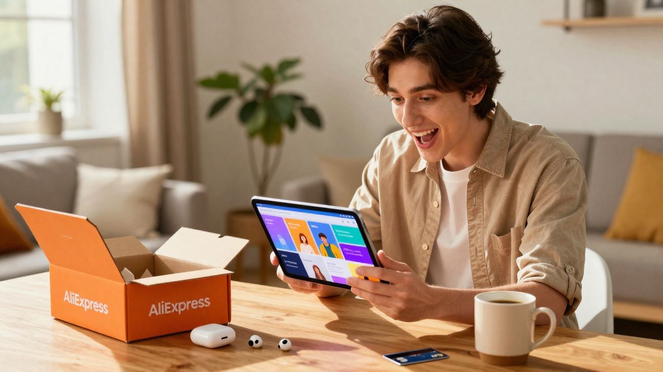 Jovem feliz usando tablet em mesa com caixa AliExpress aberta, fones de ouvido, cartão e caneca.