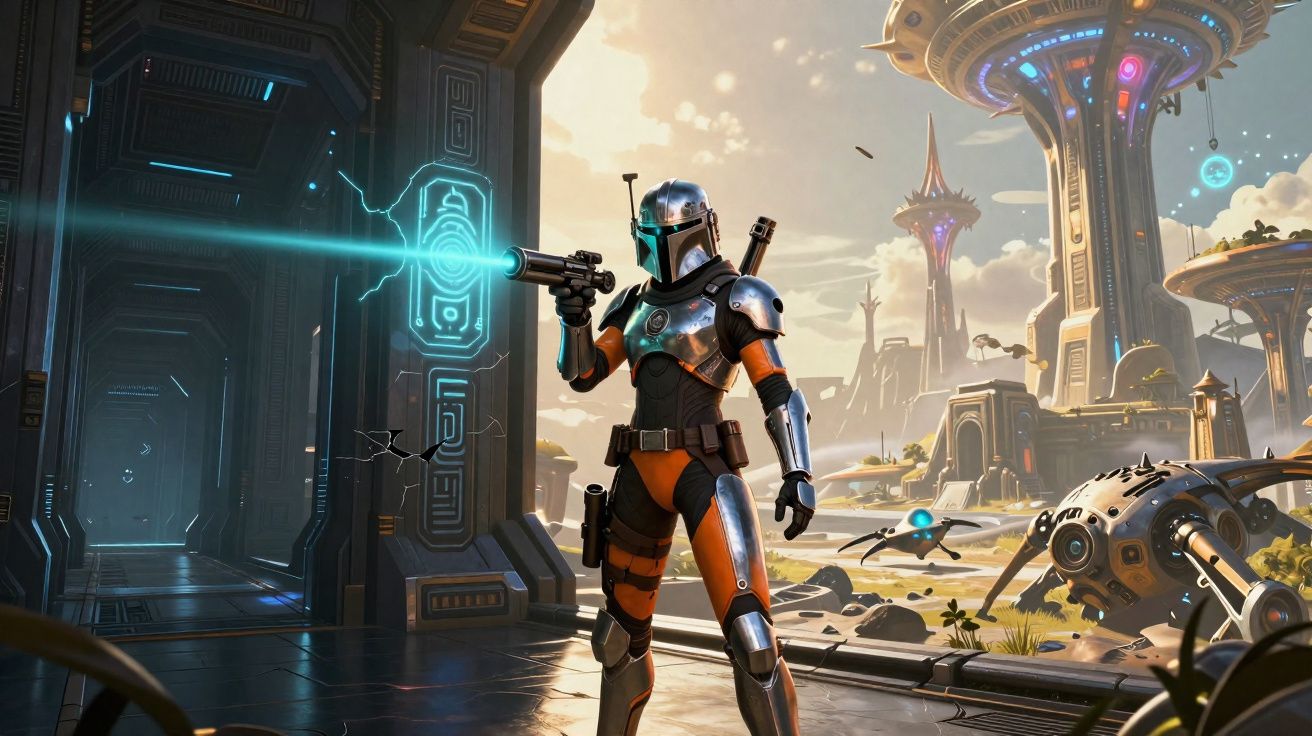 Personagem futurista com armadura e capacete dispara arma de energia em cenário sci-fi com naves e torres.