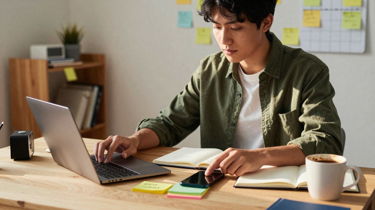 Jovem concentrado trabalhando no laptop, com caderno, celular e café em mesa organizada.