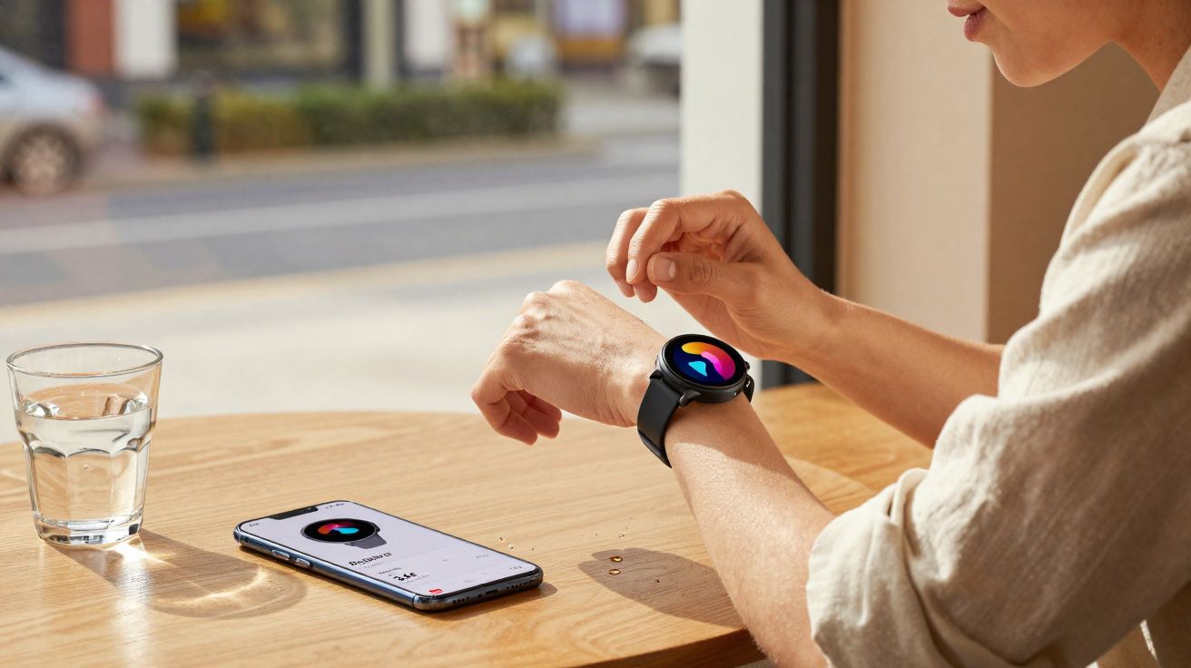 Pessoa usando relógio inteligente e aplicativo de monitoramento no celular em mesa próxima à janela.