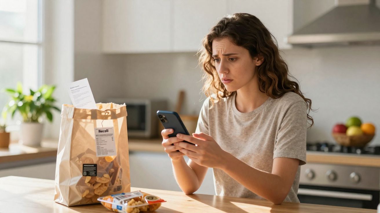 Mulher preocupada olhando para o celular sentada em cozinha com pacote de alimentos e aviso de recall na mesa.