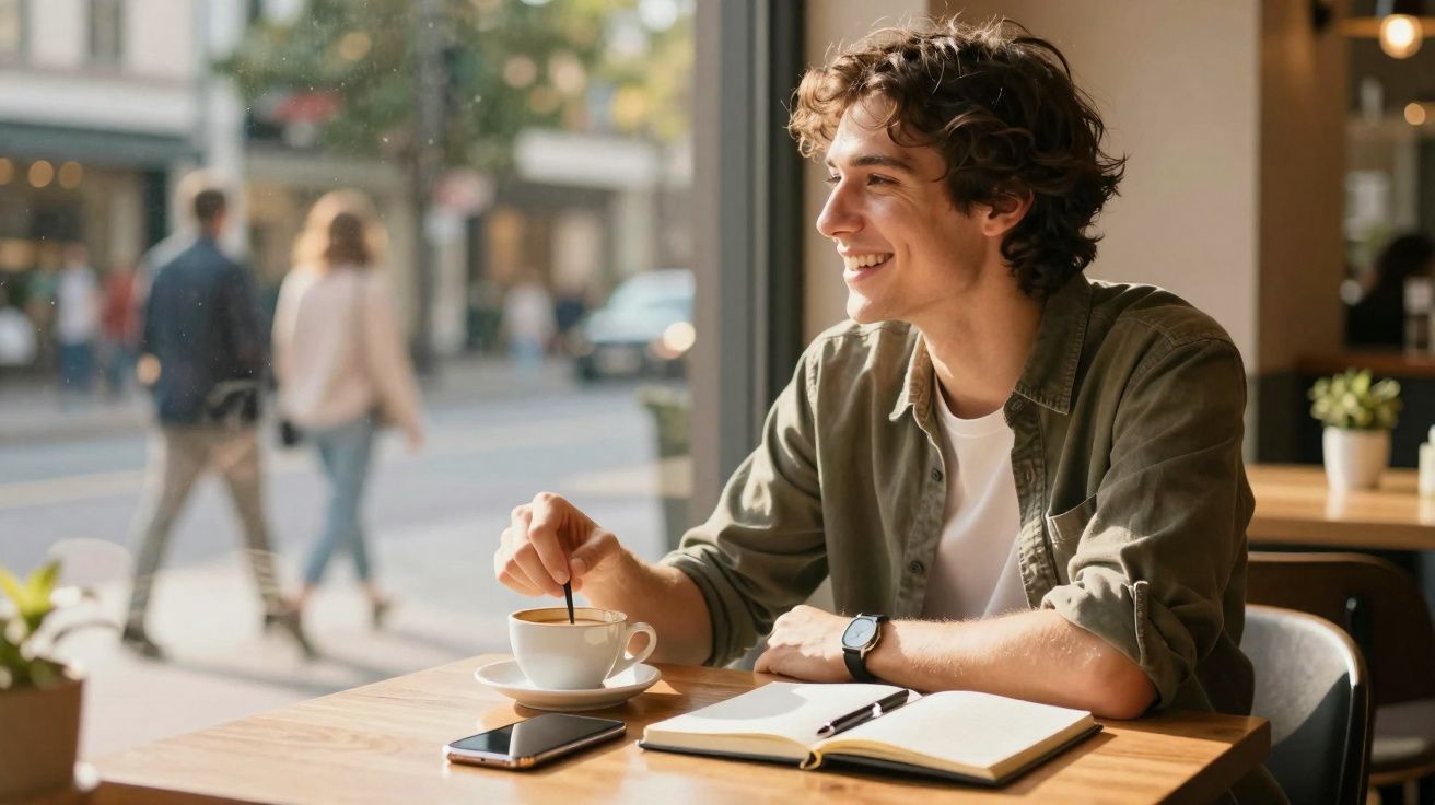 Jovem sorridente sentado em cafeteria, mexendo café com colher, com celular e caderno sobre a mesa.