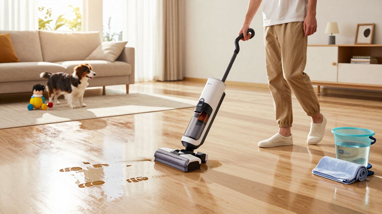 Pessoa usando um aspirador vertical para limpar pegadas molhadas no chão de madeira da sala.