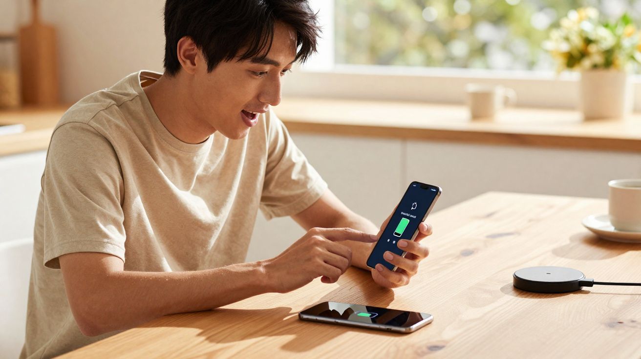 Homem sentado à mesa usando celular para carregar outro aparelho com carregador wireless.