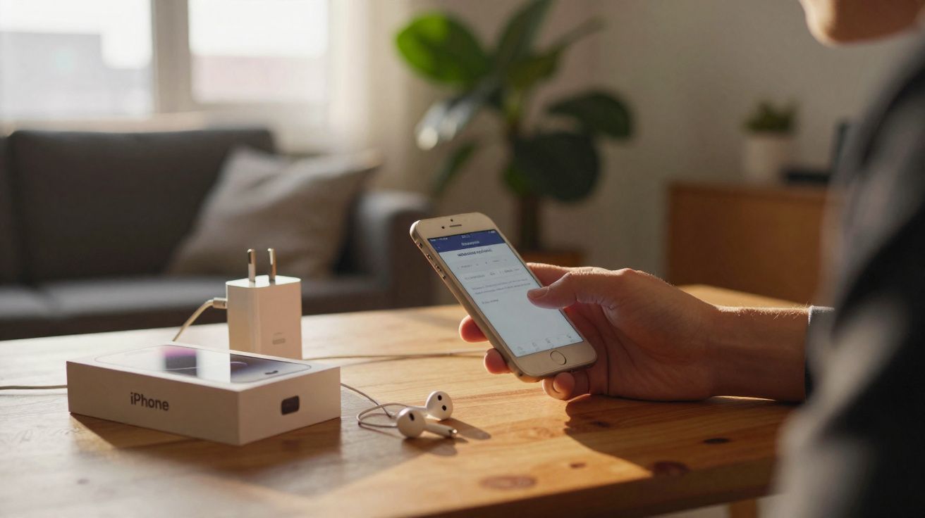 Pessoa segurando um iPhone com caixa, fones e carregador sobre mesa de madeira em ambiente interno.