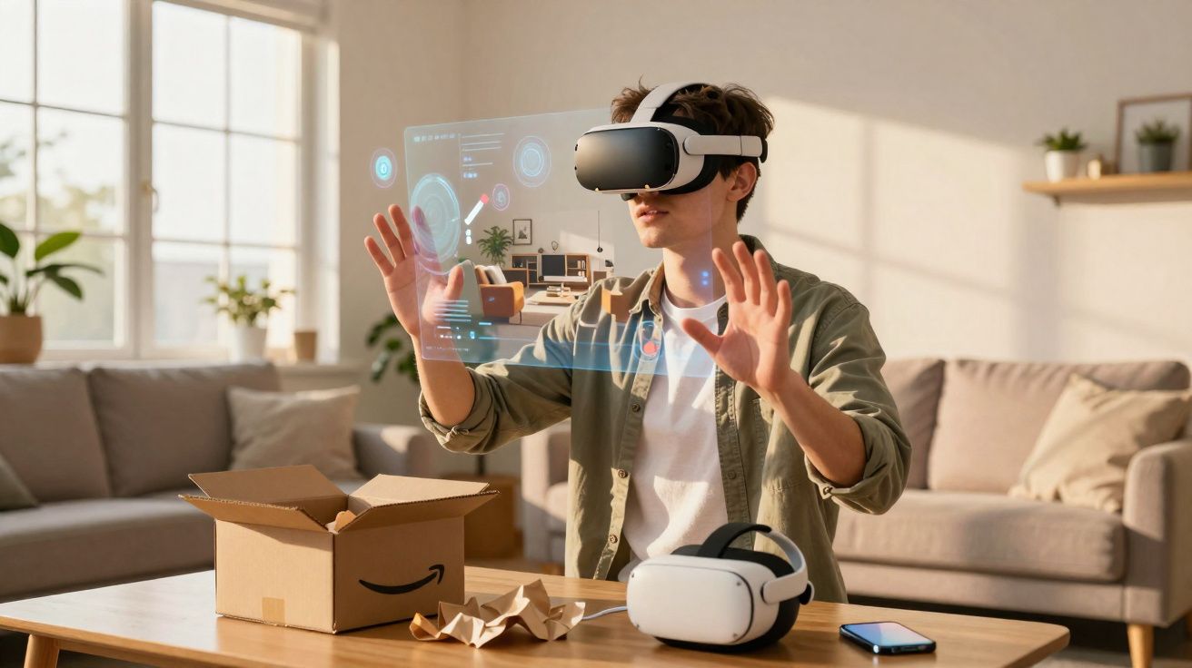 Jovem usando óculos de realidade virtual interagindo com holograma em sala iluminada com objetos na mesa.