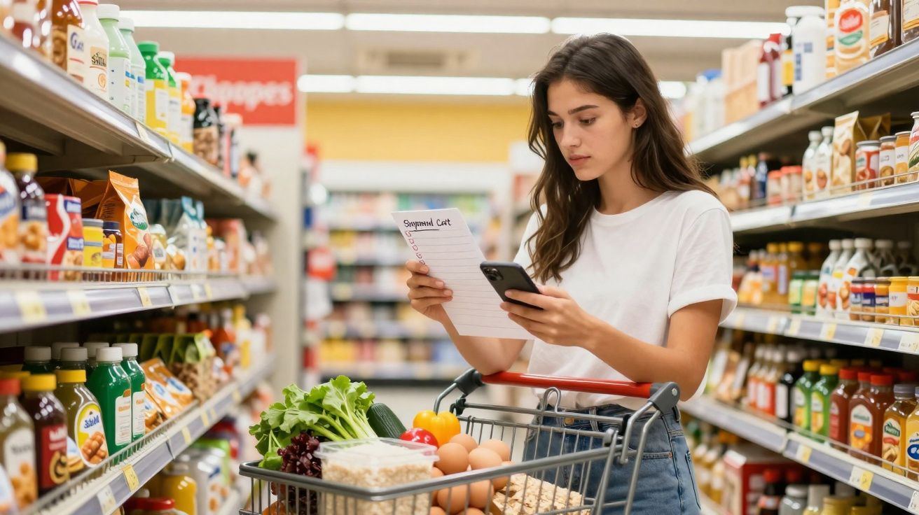 Mulher jovem em supermercado conferindo lista de compras enquanto segura celular, carrinho com alimentos variados.